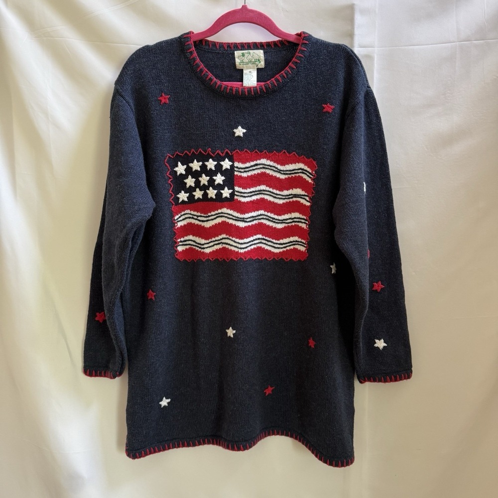Vintage Quacker Factory American Patriotic USA Flag Stars Sweater Blue 1X